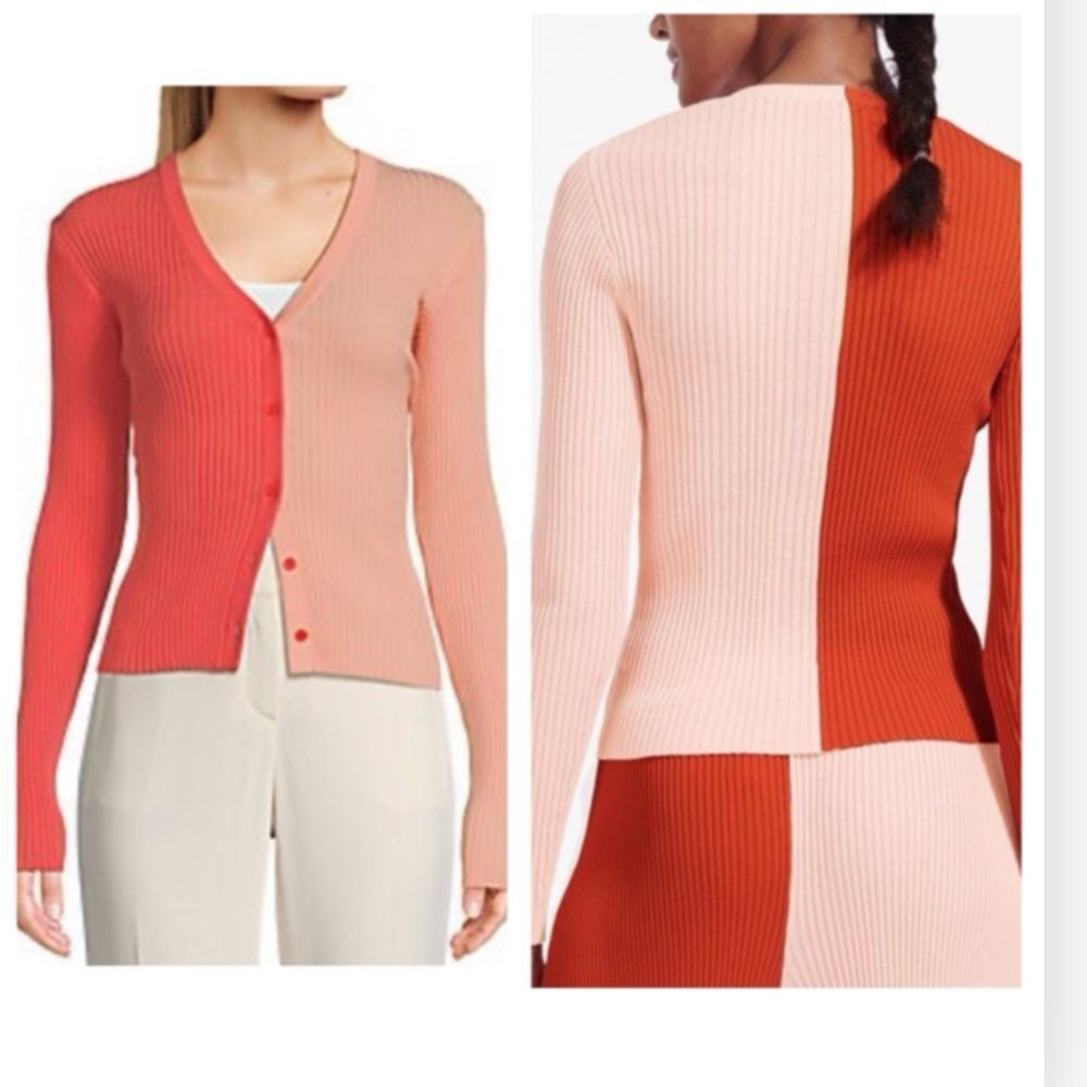 Staud Ribbed Colorblock Two Tone Cardigan Cargo Sweater Fitted Coral Pink